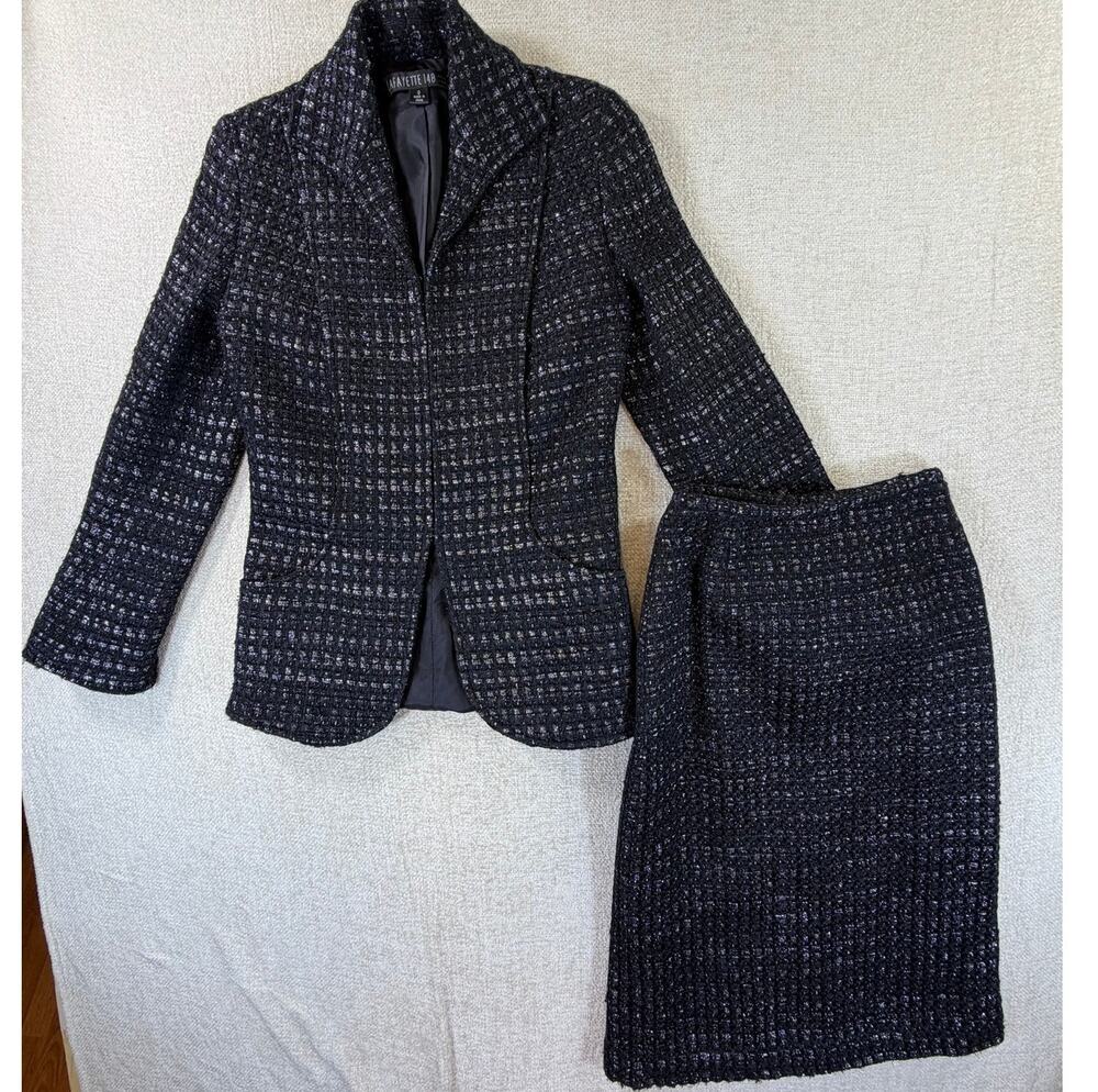 Lafayette 148 Womens 0 Black Silver Tweed Metallic Blazer Skirt Suit Career Wear